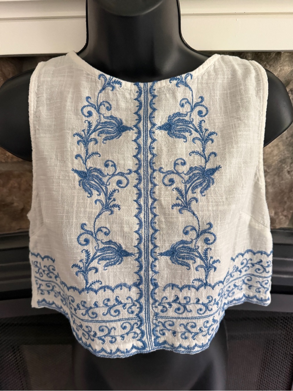 F&F White Crop Top with Blue Floral Embroidery